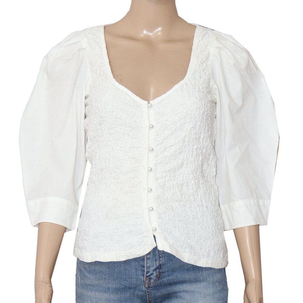 By Anthropologie Smocked Cardigan Top White Buttondown Blouse S - Picture 5 of 8